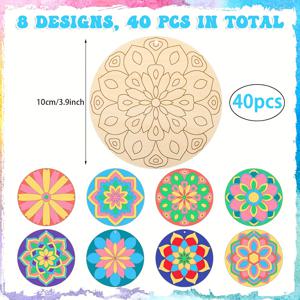 TEMU 공예용 나무 만다라 그림 40개, 페인팅용 나무 만다라 장식, 공예용 만다라 그림 슬라이스, 결혼식 및 홈 데코용 수제 장식품.