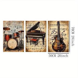 TEMU 3피스 무테 캔버스 아트 프린트 - 레트로 음악 영감 드럼, 피아노, 기타 벽 장식, 가벼우면서 우아함, 거실, 침실, 스튜디오 및 복도에 완벽, 거실 장식 | 빈티지 음악 아트 | 캔버스 벽 예술