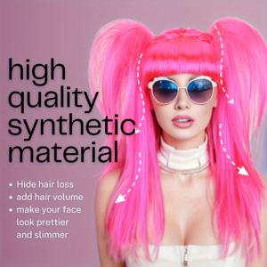 TEMU 밝은 핑크색 긴 가발 앞머리 & 이중 포니테일 포함 - 여성용 스타일리시 코스프레 및 파티 헤어피스, 저온 섬유, 할로윈이나 테마 이벤트에 완벽, 가발 액세서리
