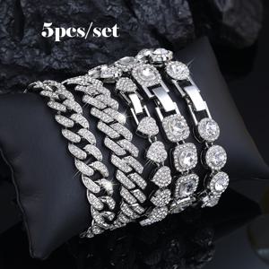 TEMU 5개 세트의 멋진 하트 쿠바 체인 레이어드 팔찌, 남녀공용 트렌디 힙합 패션 주얼리 컬렉션, 파티 및 일상복 남성 액세서리