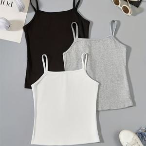 TEMU 여아용 스트레치 단색 캐미솔 탑 3개 세트 - 부드러운 폴리에스터, 얇은 끈, 슬림핏 스포츠 및 아웃도어 캐주얼웨어용(블랙, 화이트, 그레이)