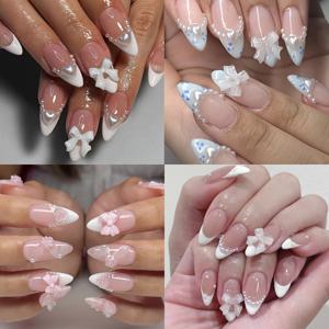 TEMU 4박스/96개 아몬드형 화이트 프렌치 팁 하트 장식 스위트 카멜리아 리본 디자인 풀 커버 누네일, 젤리 글루 및 네일 파일 포함