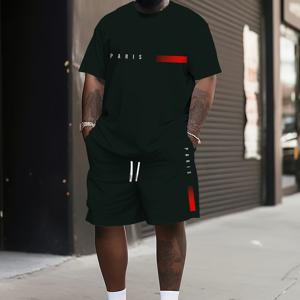 TEMU 플러스 사이즈 남성 파리 프린트 반팔 티셔츠 & 반바지 세트 - 캐주얼 스포티한 의상, 베이지색에 빨간 줄무늬 디테일, 폴리에스터 블렌드, 봄 & 여름에 완벽한 선물