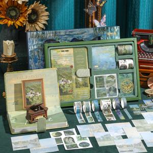 TEMU 오일 페인팅 시리즈 다이어리 선물 세트, 빈티지 노트북 다이어리 세트 for 여성, 두꺼운 고급 문학 일기장, 자석 잠금, 스티커, 20장의 노트 카드, 100개의 장식 테이프, 6개의 와시 테이프, 금속 북마크 - 학생과 창의적인 사람들에게 완벽한 선물|카드스티커