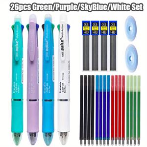 TEMU 다섯개입 지울 수 있는 젤 펜 26개 세트, 0.7mm 리필이 포함된 4색 볼펜 및 0.5mm 메카닉 연필, 스튜디오나 사무실에서 예술적인 글쓰기에 이상적 (펜 4개 + 리필 16개 + 연필심 4개 + 지우개 2개)