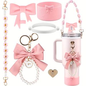 TEMU 여성용 40oz 및 30oz 텀블러 컵을 위한 물병 액세서리 세트 6개, 물병 손잡이 스트랩, 실리콘 부츠, 리본 빨대 커버, 진주 참, 하트 스티커 포함