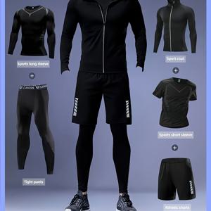 TEMU 남성용 풀 퍼포먼스 트랙수트 5종 세트 - 압축 긴팔 셔츠, 퀵드라이 티셔츠, 반사 후드 자켓, 포켓 쇼츠 & 압축 팬츠 - 고탄성 폴리에스터/엘라스테인 혼방, 러닝, 농구, 헬스 트레이닝용