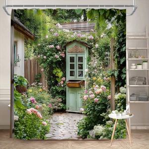 TEMU 1개 빈티지 정원 코티지 샤워 커튼 - 핑크 장미, 화이트 수국 & 생동감 넘치는 플로럴 디자인, 고요한 영국 시골 분위기, 70x70인치, 12개의 후크 포함, 세탁 가능한 폴리에스터 욕실 장식, 홈 스파 데코, 내구성 있는 원단, 아늑한 홈 스타일, 욕실용 샤워 커튼 세트