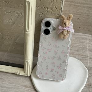 TEMU 폰 케이스: 유쾌한 귀여운 소녀 플로럴 화이트 클래식 풀커버 소프트 폰 케이스, 3D 체크 리본 갈색 토끼, 아이폰 11/12 Pro/13/14 Pro Max/15 Pro/16 호환