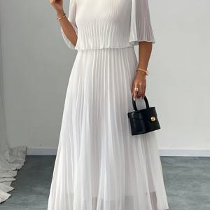 TEMU 여성용 우아한 쉬폰 A라인 플리츠 디테일 드레스 - 반투명 라운드넥 긴팔 바닥길이 가벼운 통기성 솔리드 컬러 봄/여름 캐주얼 & 포멀 이벤트용, 소프트 드레이프 원단|쉬폰원피스