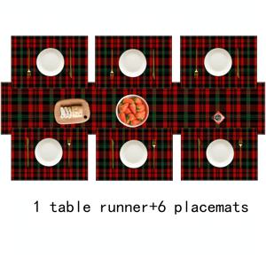 TEMU 7피스 테이블 러너와 플레이스매트 세트, 버팔로 체크 레드 블랙 그린 빈티지 스코틀랜드 패턴, 세탁 가능한 리넨 테이블 장식, 주방, 식당, 카페, 가족 모임, 휴일 실내/야외 파티용