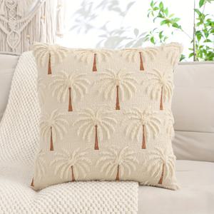 TEMU 1개 열대 코코넛 나무 자수 플러시 베개 커버 - 100% 폴리에스터, 지퍼 클로저, 손세탁 전용, 생동감 넘치는 그린 & 크림 홈 데코 거실, 침실, 소파용