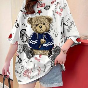 TEMU YZ004 여성용 다용도 만화 프린트 반팔 티셔츠, 루즈핏, 핑크 커플 의상, 트렌디 브랜드, 인싸 스타일