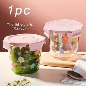 TEMU 핑크 뚜껑이 달린 플로랄 유리 수프 용기 1개 - 전자레인지 사용 가능, 누수 방지, 휴대용 가정 및 야외 사용에 적합, 내열성, 타원형 디자인, 커스터드, 플랜, 디저트에 완벽