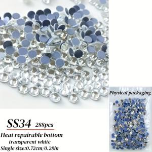 TEMU 대형 평평한 둥근 라인스톤 포장 288개, 수공예, 의류, 장식 공예용으로 사용되는 열대 라인스톤, 투명한 흰색, SS34, 7.0-7.3밀리미터.
