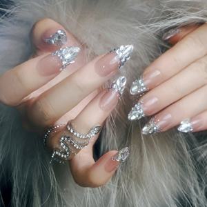 TEMU 24개 세트 10가지 핸드메이드 신상 럭셔리 라인스톤 클래식 롱 티어드롭 프레스온 네일, 여성용, 데일리웨어, 여행, 파티, 마스크레이드, 페스티벌, 모임에 적합, 재사용 가능하고 쉽게 제거 가능