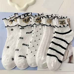 TEMU 5켤레 봄/여름용 얇은 이중 레이어 곰팡이 레이스 여성 양말, 엠보싱 패턴, 블랙 앤 화이트 여성용 숏 삭스, 캐주얼하고 활용도 높음, 가볍고 통기성 좋음