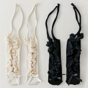 TEMU 여성용 하프 쌍용 플로럴 레이스 듀얼 레이스 스타킹 (블랙 & 화이트), 레이스 타이 장식, 봄/여름에 적합, 얇은 발레 스타일 양말 (메리 제인 신발 매칭용 리본 포함)