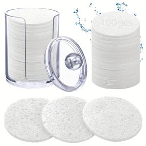 TEMU 100개입 압축 페이스 스펀지 세트, 천연 클렌징 패드, 피부 각질 제거기, 미용사 추천 메이크업 리무버 키트 (컨테이너 포함)