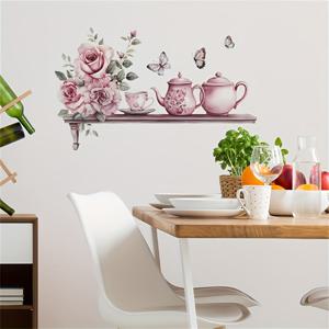 TEMU 수채화 장미 차 세트 주방 레스토랑 벽 배경 미화 장식용 벽 스티커