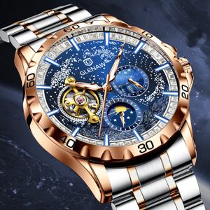 TEMU GLENAW 남성용 자동 기계식 시계, 스켈레톤 다이얼 & 별자리 디자인, 날짜 표시 - 스테인리스 스틸 팔찌, 골드 톤 케이스 & 블루 다이얼, 라인스톤 장식 - 캐주얼 복장에 어울리는 우아한 럭셔리 워치, 그를 위한 이상적인 선물|남자팔찌