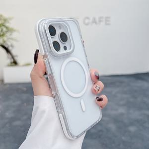 TEMU 아이폰 16 15 14 11 프로 맥스 풀스로 적합한 패션적이고 심플한 강력 자석 폰 케이스, 렌즈 보호용 유리 필름 금속 브래킷과 투명 미끄럼 방지 보호 커버가 장착되어 있습니다