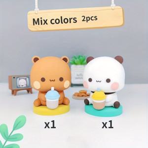 TEMU 귀여운 만화 곰과 판다 차량용 대시보드 피규어 - 콘 장식이 있는 수제 PVC 오너먼트, 차량 및 집 장식에 완벽함