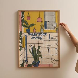TEMU 1개 무테 캔버스 포스터 - 빈티지 '손을 씻으세요' 욕실 벽 예술, 현대적인 침실, 거실, 부엌 또는 복도용 홈 데코, 손글씨 폰트가 있는 컬러풀 일러스트 디자인, 실내 벽 장식 선물, 홈 데코 선물 | 유머러스한 장식 | 캔버스 월 아트