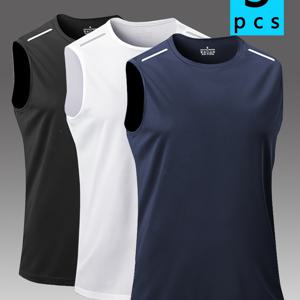 TEMU 남성용 운동용 탱크탑 3개 세트 - 통기성 좋고 빠른 건조의 민소매 셔츠, 여름 체육관 및 러닝 트레이닝용, 라운드 넥, 폴리에스터, 블랙/화이트/네이비 블루, 체육복