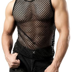 TEMU 남성용 스타일리시 시스루 메쉬 민소매 탱크탑 - 가벼운 통기성 라운드넥 디자인 파티, 공연 및 트렌디 패션용, 성능 탱크탑 | 대담한 모던 룩 | 반투명 스타일