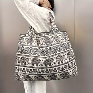 TEMU 대형 접이식 옥스포드 천 토트백 내부 파우치 포함 - 튼튼하고 가벼우며 휴대하기 편한, 청록색과 흰색의 타이국 코끼리 프린트가 있는 쇼핑, 여행 및 일상 사용에 완벽한, 여행용 토트백 | 스타일리시한 토트백 | 내구성 있는 옥스포드 원단