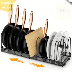 TEMU 1개 확장형 주방용 냄비 뚜껑 및 팬 보관함 - 조절 가능한 금속 랙, 14칸 수납공간, 내구성 강철 제작, 미끄럼 방지 디자인, 캐비닛·카운터탑·싱크대 공간 절약