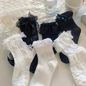 TEMU 나비 리본과 레이스 러플 장식이 있는 양말 6켤레, 달콤한 일본식 미드 카프 양말, 여성용 스타킹 및 양말.