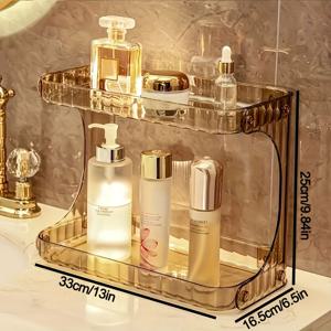 TEMU 투층 골든 아크릴 메이크업 정리대 - 투명 플라스틱 화장품 보관 선반 (립스틱, 세럼, 향수, 스킨케어용) - 현대적인 두단형 화장대 및 욕실 카운터 장식 액세서리