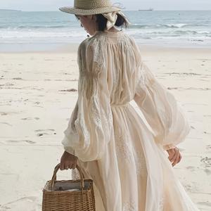 TEMU 여성용 프렌치 스타일 우아한 장식 롱 맥시 드레스 - 퍼프 소매 & 허리 띠 포함, 세탁기 사용 가능한 웨딩 게스트 가운, 프롬 드레스, 봄/여름/가을용 - 스트레치 없는 특별한 날에 적합