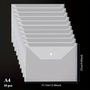 TEMU A4 사이즈의 투명 플라스틱 파일 가방 10개 세트 (버튼 잠금 방식). 사무용품, 미술 도구, 서류 정리를 위한 완벽한 선택입니다.