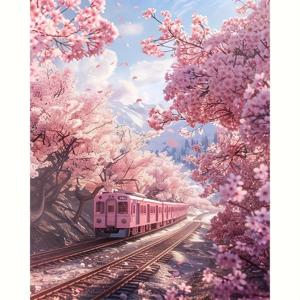 TEMU DIY 핑크 벚꽃과 기차 페인팅 키트, 아크릴 라운드 로 완벽 커버, 정교한 수공예 작품, 휴일 파티용, 침실·사무실·거실 벽 장식 (액자 미포함)