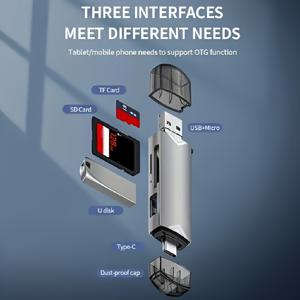 TEMU 1개 6in-1 멀티 카드 리더기, USB//타입-C OTG 카드 리더, SD/TF/ SD/U 디스크 및 외부 저장 장치 지원, 드라이버 불필요, 다양한 시스템 호환성, 플러그 앤 플레이, 휴대 간편