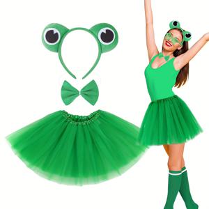 TEMU 3pcs 세트 귀여운 개구리 의상 액세서리 - 녹색 개구리 헤드밴드, 리본 타이, 네트가 있는 4층 튜일 스커트 - 파티, 축제, 공연에 완벽한 축제 의상 | 재미있는 디자인 | 폴리에스터 소재
