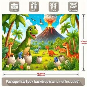 TEMU 만화 공룡 생일 파티 배너 - 폴리에스터 배경, 아름다운 공룡, 팜 트리 및 화산으로 실내/실외 기념식, 생일 파티 장식