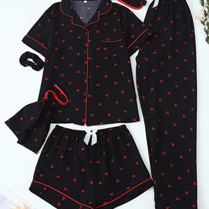 TEMU 청소년용 셔츠와 반바지의 체리 프린트가 특징인 6피스 잠옷 세트