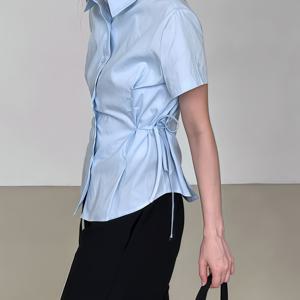 TEMU 여성용 한국 스타일 반팔 셔츠, 2025년 봄/여름 신상 디자인, 독특한 타이 허리 밴드 탑.