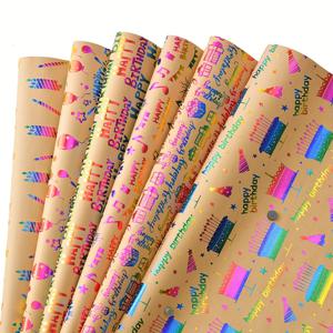 TEMU 컬러풀 호일 악센트가 있는 크래프트 포장지 6장 세트 - 케이크, 풍선, 별 및 컨페티가 있는 19.7x27.5인치 생일 선물 랩핑 페이퍼 - 파티, 휴일, 베이비 샤워용 내구성 좋은 고품질 종이 | 컬러풀 액센트 | 선물용 크래프트 종이