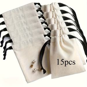 TEMU 15개 흰색 캔버스 주얼리 보관 백, 검은색 끈 포함 - 쥬얼리, 반지, 액세서리 정리에 완벽 - DIY 파티 선물 백, 액세서리 파우치, 결혼식 및 생일 선물 용기, 쥬얼리 보관 | 장식 보관 | 캔버스 소재, 쥬얼리 롤