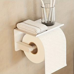 TEMU 자체 접착식 휴대폰 스탠드가 있는 화이트 화장지 홀더 - 녹슬지 않는 스테인리스 욕실 보관함, 드릴이나 나사 필요 없는 이중 설치, 타일, 목재, 유리에 적합한 공간 절약형 디자인|화장지