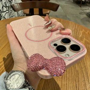 TEMU 휴대폰 케이스 - 2025년 최신 귀여운 글리터 3D 라인스톤 리본 + 아이폰 16, 아이폰 16 Pro Max용 마그네틱 글리터 휴대폰 케이스, 여성용 고급스러운 글리터 나비 디자인, 15 Pro용 신형 모델, 충격 방지 보호 케이스