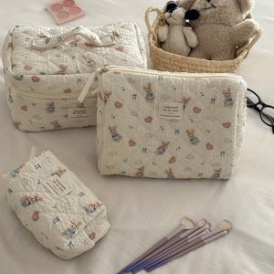 TEMU 대용량 귀여운 토끼 & 하트 디자인 베이지 지퍼 파우치 - 가벼운 폴리에스터 접이식 메이크업 백, 화장품·문구류·여행 액세서리·동전지갑 | 재미있는 액세서리 | 지퍼 클로저, 버니백