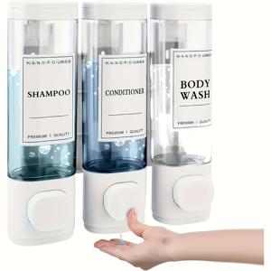 TEMU 벽걸이형 비누 디스펜서, 샤워 젤 디스펜서, 3-in-1 샴푸 및 컨디셔너 디스펜서, 각 10.14온스, ABS 재질, 드릴 불필요, 욕실, 주방, 시장, 호텔 및 레스토랑에 적합.