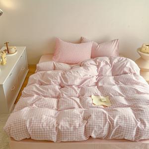 TEMU 3개 100% 폴리에스터 북유럽 여성스러운 핑크 체크 무늬 이불 커버 세트 (베개 커버 2개 + 이불 커버 1개 조합)