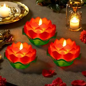 TEMU 연꽃 모양의 LED 양초 3개 세트. 독립형 받침대, 깜박임 효과, 그리고 불꽃이 없는 이 양초는 영적 행사, Eid 축제, 어버이날 선물, 결혼식을 위한 장식 램프로 사용됩니다.